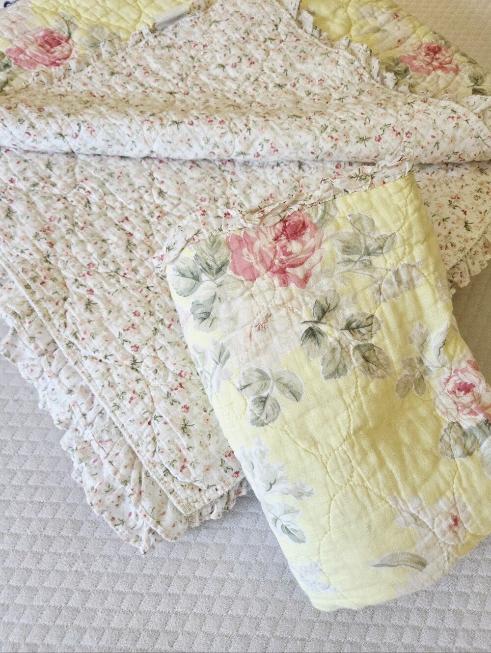Laura Ashley Vintage Floral Ruffled Quilt and Sham in Lemon Yellow and Pink